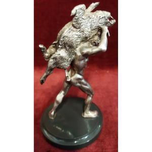 SCULTURA ARGENTO SU BASE MARMO  ERCOLE CON CINGHIALE  BOLLO 84 RUSSIA - anni '50