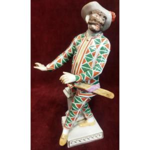 STATUINA ARLECCHINO IN PORCELLANA DIPINTA MEISSEN - XX SECOLO / primi '900