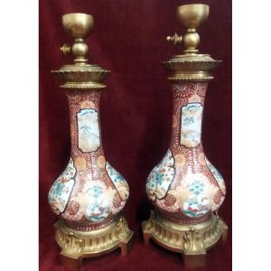 COPPIA LAMPADE DA TAVOLO in bronzo e porcellana dipinta Periodo Napoleone III