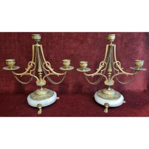 COPPIA CANDELABRI IN BRONZO DORATO E ALABASTRO -  XIX SECOLO - NAPOLEONE III