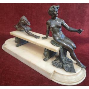 Scultura in bronzo e marmo statuario - Ninfa e Fauno  - Adolfo Apolloni (1855-1923) 