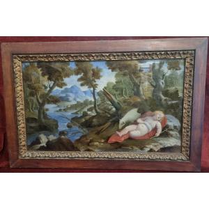 DIPINTO SOTTO VETRO - SAN GIOVANNINO DORMIENTE  - SECONDA META DEL XVII SECOLO  - CENTRO ITALIA