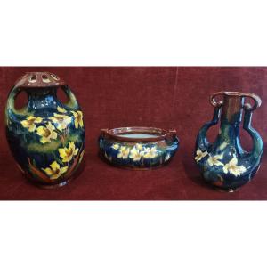SET 3 VASI CERAMICA DIPINTA - OLD MORAVIAN POTTERY - INIZIO XX SECOLO