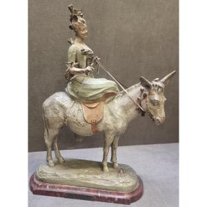 SCULTURA IN BRONZO DIPINTO - "EN EXCURSION" di V. L. BRUYNEEL - XIX SECOLO