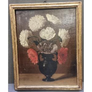 OLIO SU TELA - NATURA MORTA VASO CON FIORI - CORNICE COEVA - DEL XVII SECOLO