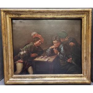 DIPINTO OLIO SU LASTRA DI ZINCO GIOCATORI DI CARTE COPIA VALENTIN DE BOULOGNE - dell'800