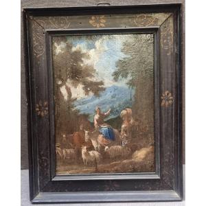 OLIO SU TAVOLA RAFFIGURANTE FAVOLA PASTORALE - ITALIA, metà dell'600