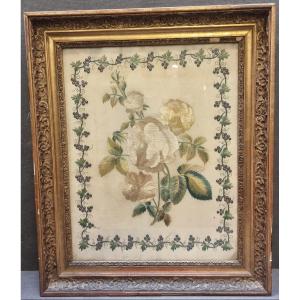 QUADRO - TESSUTO RICAMATO - FIORI - Primi '800 - Cornice coeva