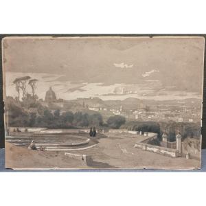 GOUACHE SU CARTA - VEDUTA DI ROMA DAL GIANICOLO 1857 Karl August Lindemann-Frommel (1819-1891)