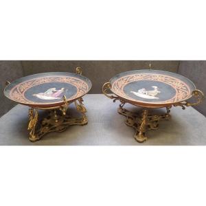 COPPIA PIATTI PORCELLANA DIPINTI SU BASI IN BRONZO - FRANCIA - NAPOLEONE III - DELL'800