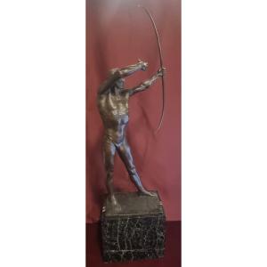 SCULTURA IN BRONZO SU BASE MARMO - UOMO NUDO CON ARCO - GIORGIO CERAGIOLI (1861-1947)