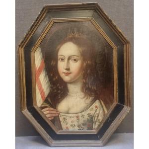 QUADRO OTTAGONALE OLIO SU TAVOLA - RITRATTO GIOVANNA D'ARCO? - Datato sul retro 1778