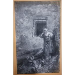 ACQUARELLO SU CARTONCINO - POPOLANA ABRUZZESE - Fine '800