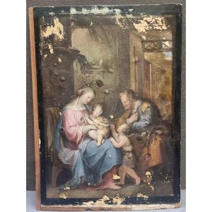 DIPINTO OLIO SU CARTA APPLICATA SU TAVOLA - SACRA FAMIGLIA E SAN GIOVANNINO - CENTRO ITALIA 