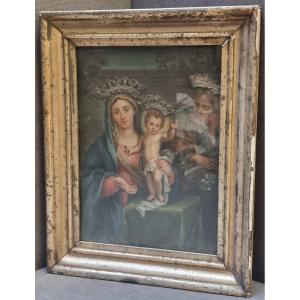 DIPINTO OLIO SU TELA APPLICATO SU TAVOLA - SACRA FAMIGLIA - MANIFATTURA ROMANA. primi '800