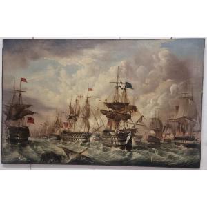 OLIO SU TELA - BATTAGLIA NAVALE INGLESE - firmato T. JORDAN -  Primi '800