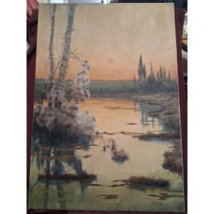 OLIO SU TELA 1893 - PAESAGGIO - ENRIQUE SERRA (Barcellona 1858 – Roma1918)