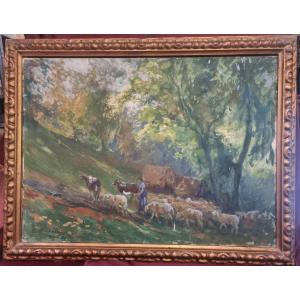 OLIO SU TELA - PAESAGGIO CON ARMENTI - Giuseppe Pennasilico (Napoli 1861 - Genova 1940)