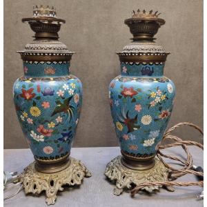 COPPIA LAMPADE DA TAVOLO IN CLOISONNE E BRONZO - FRANCIA, NAPOLEONE III - DELL'800