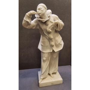 SCULTURA PIERROT IN MARMO STATUARIO - J. VAN DER KEMP - primi '900