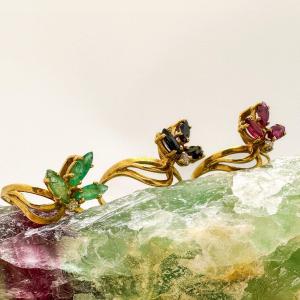 Trio Of Sapphire, Ruby, Emerald And Diamond Rings