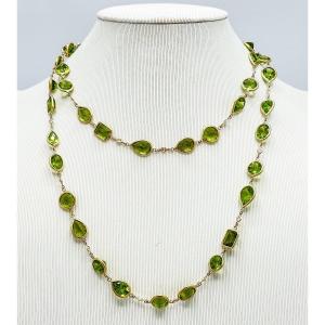 Long Necklace In 18 K Gold Set With 45 Peridots And Brilliant Cut Diamonds