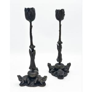 Pair Of Art-nouveau Candlesticks In Bronze