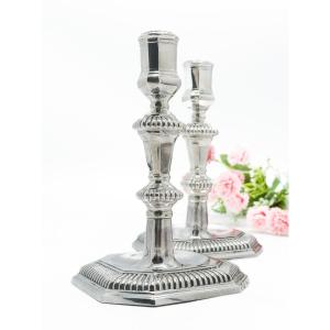 Pair Of Silver Candlesticks With Gadroon Decor – 18th Century Germany