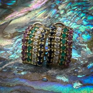 Vintage 18k Gold, Sapphire, Diamond, Emerald And Ruby Earrings – Italy,