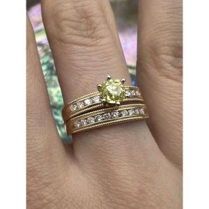 18k Yellow Gold Engagement Ring With Fancy Yellow Diamond And Half American Wedding Band 