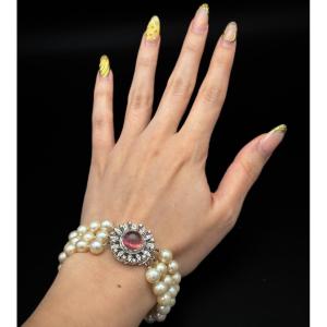  ⸻ Three-row Cultured Pearl Bracelet, White Gold Clasp Set With Tourmaline And Diamonds