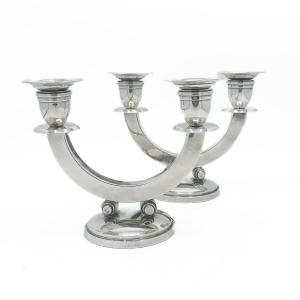 Pair Of Solid Silver Candelabras, Art Deco, Riesler For Delheid, Elegante 