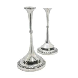 Pair Of Solid Silver Candlesticks, Rooster Hallmark 2nd Grade, Department 67 (antwerp), Empire
