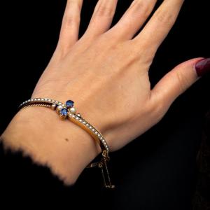 Gold Bangle Bracelet With Natural Sapphires, Fine Pearls And Diamonds – Belgian Work, Nap Lll Period