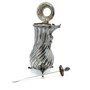 Silver Tripod Chocolate Pot (835), 18th-century Torso Model, Silver Fret And Whisk ⸻ This