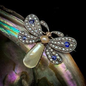 Belle époque Butterfly Brooch In Gold And Silver, Pearls And Sapphires  