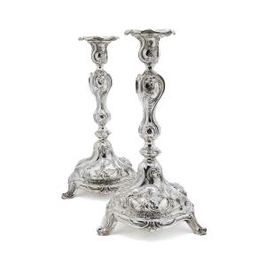 Pair Of Rococo Candlesticks In Solid 800/1000 Silver – Germany, Circa 1881  
