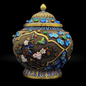Chinese Tea Caddy In 925/1000 Silver With Silver Plating – Filigree And Enamels, Republican Period 