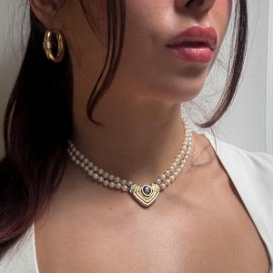 Double Strand Cultured Pearl Necklace, Gold Jewelry Clasp Set With A Sapphire.