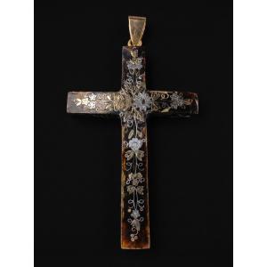 Tortoise Shell And Piqué Gold Cross Pendant - Napoleon III Period