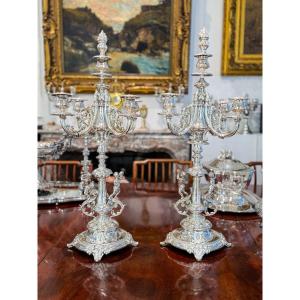 Pair Of Napoleon III Candelabras In Solid Silver 800 Thousandths - Belgian Work
