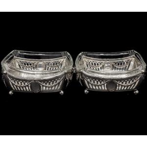 Pair Of Small Silver And Crystal Planters