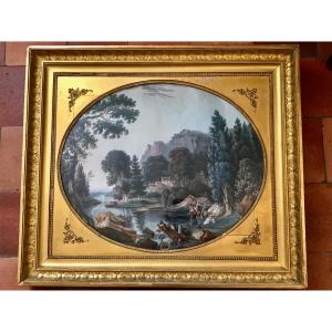 Large Framed Gouache Signed Jb Pourcelly Late 18th Century