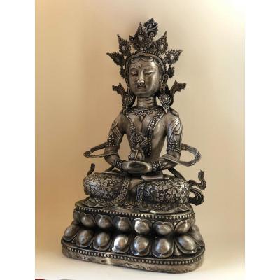 Amitayus Buddha, Silver Metal, 50 Cm