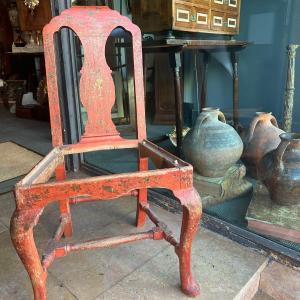 18th Century Side Chair In Red Polychrome Wood With Chinoiserie Patterns