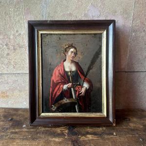 Oil On Copper Depicting Saint Catherine. 18th Century