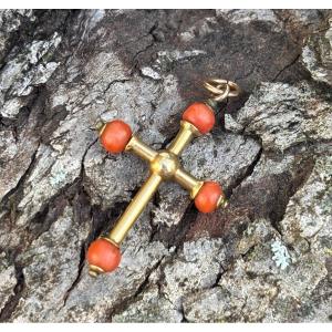 18k Gold And Coral Cross Pendant