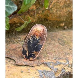 Platform Ring In Dendrite, Herbal Agate And 9 Ct Gold
