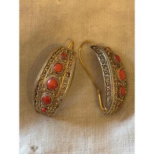 Poissardes Earrings Gold Filled On Silver And Coral