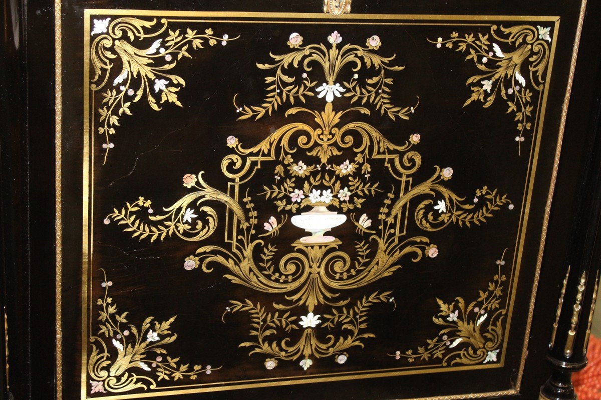 Secretaire di epoca Napoleone III in legno ebanizzato e intarsiato in ottone e madreperla.-photo-2